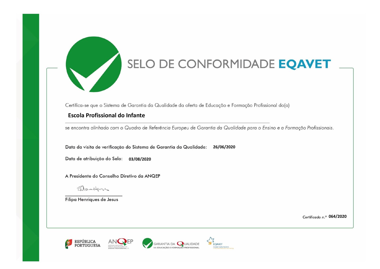 Selo de Conformidade EQAVET 064/2020 - Escola Profissional do Infante